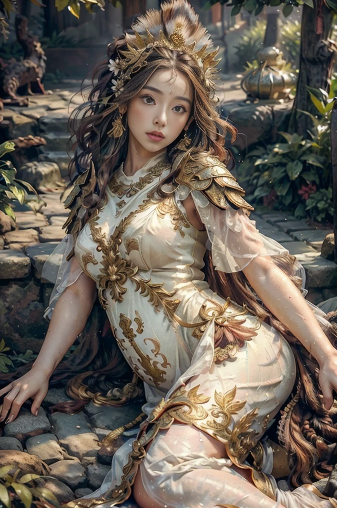 (best quality,4k,8k,highres,masterpiece:1.2),ultra-detailed,(realistic,photorealistic,photo-realistic:1.37),pregnant woman,gigantic breasts,thick thighs,huge ass,beautiful expressive eyes,beautiful detailed lips,serene expression,flowing hair,pregnant belly,marble-like skin texture,nurturing aura,ethereal surroundings,vivid colors,soft and warm lighting,subtle golden hues,warm sunlight filtering through leaves,silky flowing dress,graceful pose,natural garden setting,flower-filled background,serene atmosphere