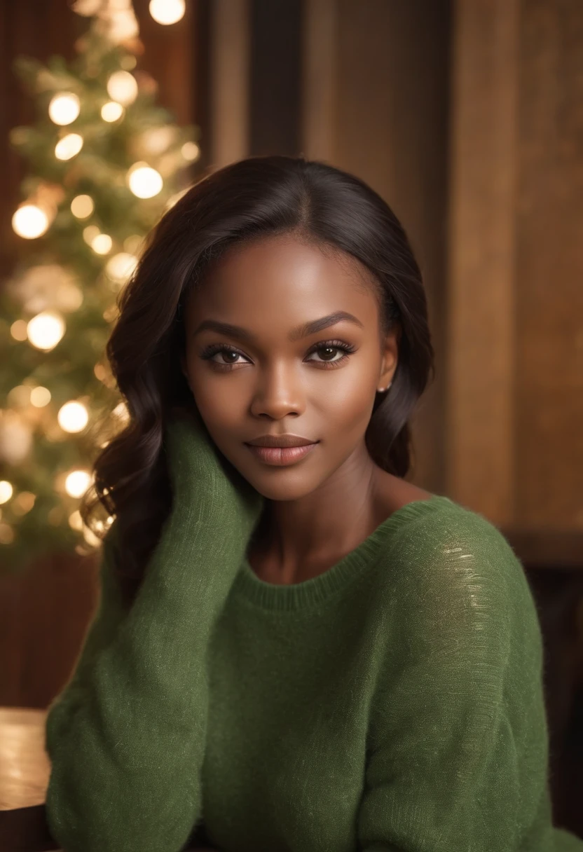 ((Very Dark African skin)), ((Very deep ebony skin)), ((Its beauty  undeniable)), ((Excited cute face)), ((Hyper detailed perfect eyeraided African hair)), ((attitude playful)), ((Seductive)), ((sexy)), ((skin)), ((Green Turtle Sweater)), ((Skinny Jeans)), High Heels, sitting in a restaurant,  illustrations, ultra-detailed, high-quality (best quality, 4k, 8k, highres, masterpiece:1.2), portrait, vivid colors, warm color tones, realistic (photo-realistic:1.37), festive atmosphere, jingle bells, snowflakes, cozy winter scene, joyful expression, soft lighting, dreamy ambiance, full body picture
