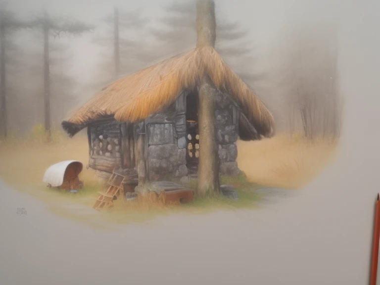 drawing of a hut in the woods with a tree and a bench, traditional art, a pencil sketch, by Yang Borun, by Slobodan Pejić, hut, by Sava Šumanović, by Aleksander Kobzdej, by Ramón Silva, by Ingrida Kadaka, by Robert Zünd, longhouse