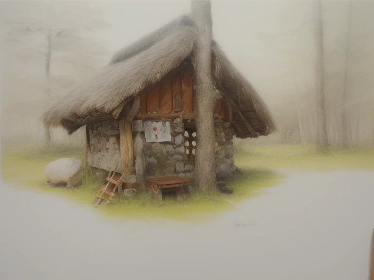 drawing of a hut in the woods with a tree and a bench, traditional art, a pencil sketch, by Yang Borun, by Slobodan Pejić, hut, by Sava Šumanović, by Aleksander Kobzdej, by Ramón Silva, by Ingrida Kadaka, by Robert Zünd, longhouse