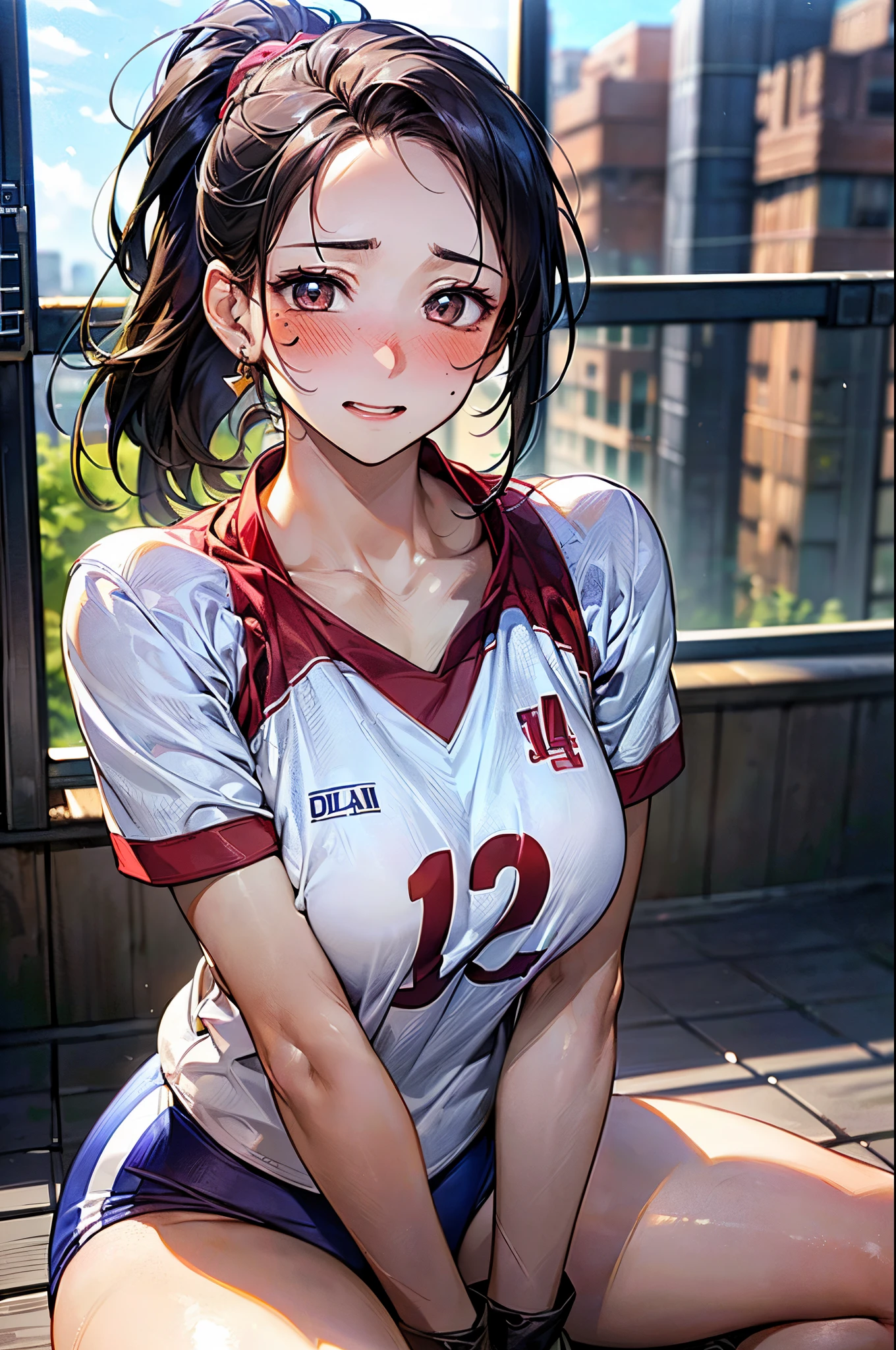 ((((perfect anatomy, super detailed skin)))), 1 girl, japanese, , volleyball player, shiny skin, watching the view,
beautiful hair, beautiful face, beautiful detailed eyes, (middle hair:1.4, ponytail:1.5),
beautiful collarbones, beautiful body, Beautiful breasts, beautiful thighs, beautiful legs, babyface, monder eye, large breasts:0.5, seductive thighs,
((symmetrical clothinetallic, volleyball uniform, )),
sitting, spread legs, cameltoe, ((impatient expression)), (facing the front), (((blushing cheeks, embarassed expression)),
(beautiful scenery), ((gymnasium), stadiam),
(8k, top-quality, masterpiece:1.2, extremely detailed), (photorealistic), beautiful illustration, cinematic lighting,