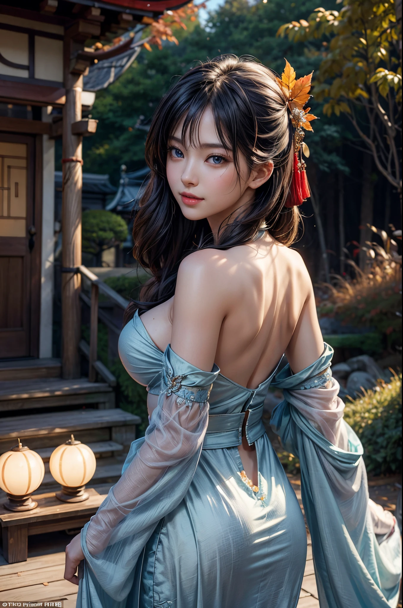 (masutepiece:1.Photoreal Stick:1.4, 8K), top-quality, ​masterpiece, 超A high resolution, Professional camera work, Grow Light Effect, Realistic portrait, Cinematic Light, Highly detailed skin and facial texture:1.3, The ultra-detailliert, A detailed eye, Detailed limbs, autumn night, Precincts of the shrine:1.2, Autumn foliage scenery:1.2, 1girl in, Cute  22 year old slim woman, Fair skin, ((Natural smile:0.9, Totally captivates you:1.0)), (Backshots, Calm pose), ((accurate shrine maiden costume)), ((voluptuous :0.9)), (Beautiful blue eyes, Eyes that feel beautiful eros:0.85),  face:0.4, (A mouthfeel that feels beautiful eros:0.85), ((Too cute beauty:0.9))