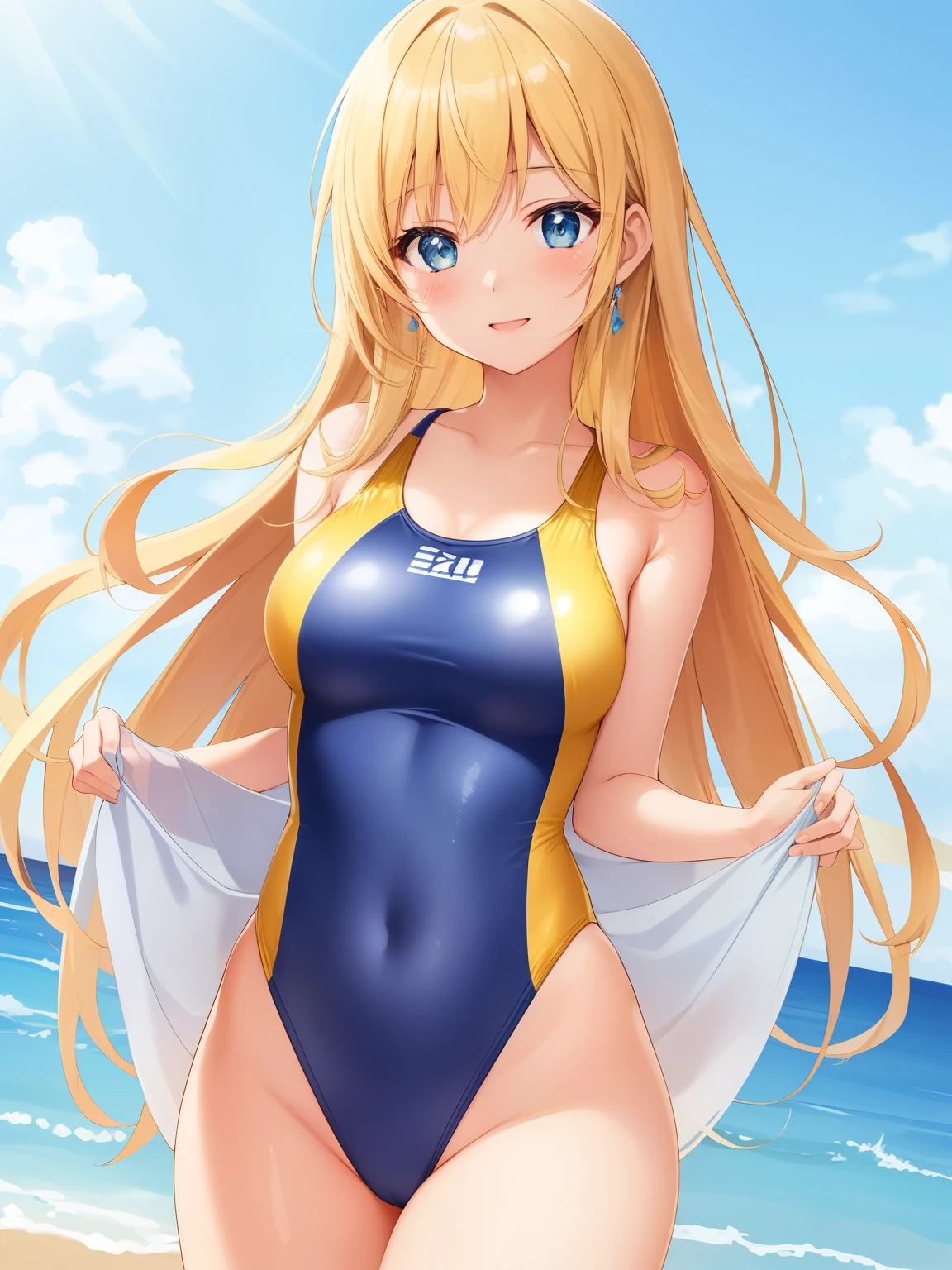 an anime girl、Mature girls、beautiful a girl、Cute little girl s、middle school girl、solo、girl wearing a 、very long blonde girl、rating:safe、onepiece 、 Anime girl wearing a tank suit with light blue and yellow edges、 High-leg racing swimwear with light blue and yellow edges、Two-tone high-leg racing 、huge 、Woman with very large 、garments:High-cut swimwear、shiny、Green-eyed girl、shiny_clothes、grey_background、 for swimming competitions、girl with half up hair、open_mouth、shiny_skin、covered_navel、cowboy_shot、smile、thigh_gap、shiny_hair、Competitive 、High Leg Racing Swimwear、looking_at_viewer、;d、simple_background、collarbone、racing back、blush、Anime girl standing、 shoulders、 legs、 arms、earrings、The best girls in anime、artwork in the style of guweiz、Detailed Digital Anime Art、perfectly shaded body、realistic anime 3 d style、beautiful attractive anime girl、realistic anime art style、realistic shaded perfect body、