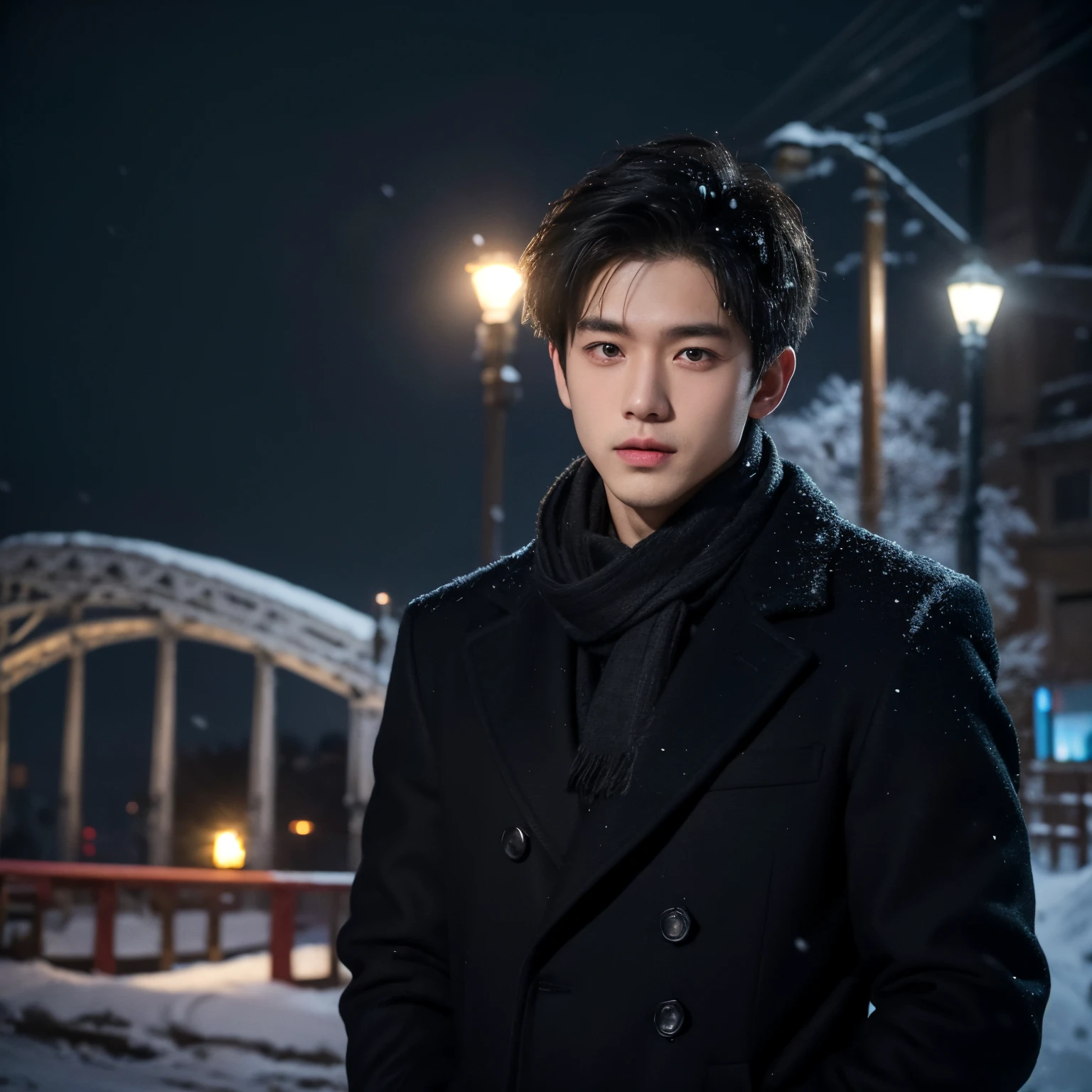Handsome guy, 19 years , ito#39;It's snowing outside , It's snowing , boy in a black jacket , he is wearing a sulfur scarf, closing mouth , Vermilion hair , demolition is underway , rear street light and bridge , kali , Handsome Boy