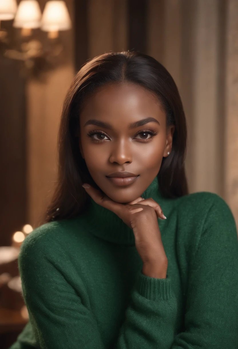 ((Very Dark African skin)), ((Very deep ebony skin)), ((Its beauty undeniable)), ((Excited cute face)), ((Hyper detailed perfect eyeraided African hair)), ((attitude playful)), ((Seductive)), ((sexy)), ((skin)), ((Green Turtleneck Sweater)), ((Skinny Jeans)), High Heels, sitting in a restaurant, illustrations, ultra-detailed, high-quality (best quality, 4k, 8k, highres, masterpiece:1.2), portrait, vivid colors, warm color tones, realistic (photo-realistic:1.37), festive atmosphere, jingle bells, snowflakes, cozy winter scene, joyful expression, soft lighting, dreamy ambiance, full body picture