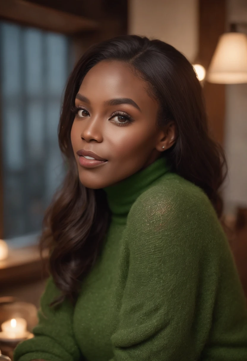 ((Very Dark African skin)), ((Very deep ebony skin)), ((Its beauty undeniable)), ((Excited cute face)), ((Hyper detailed perfect eyeraided African hair)), ((attitude playful)), ((Seductive)), ((sexy)), ((skin)), ((Green Turtleneck Sweater)), ((Skinny Jeans)), High Heels, sitting in a restaurant, illustrations, ultra-detailed, high-quality (best quality, 4k, 8k, highres, masterpiece:1.2), portrait, vivid colors, warm color tones, realistic (photo-realistic:1.37), festive atmosphere, jingle bells, snowflakes, cozy winter scene, joyful expression, soft lighting, dreamy ambiance, full body picture