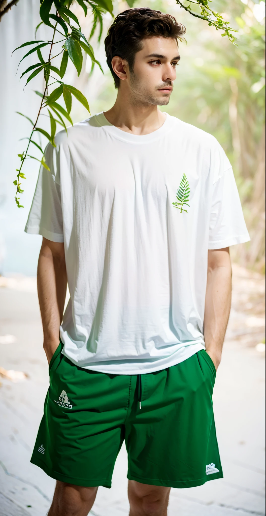 um (((homem))) de camisa branca e shorts verdes fica na frente de um fundo branco, camiseta branca, tshirt branca lisa, camiseta branca, T-shirt branca, Homem de Branco T - Camisa, vestido com uma camiseta branca, vestido com uma camiseta branca, casual white garment, vestindo bermuda e camiseta, vestindo camisa branca, vestindo uma camiseta, adicionar a foto um fundo de floresta, the man is in a forest