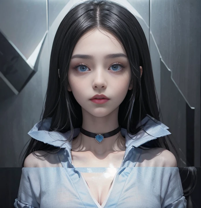 blue long hair，Nice face，choker necklace，Heterochromatic pupil，Gini Coefficient，Full body photo，Big-breasted girl，Cardigan