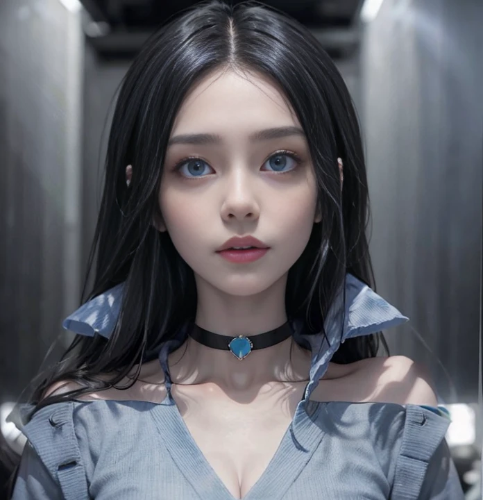 blue long hair,Nice face,choker necklace,Heterochromatic pupil,Gini Coefficient,Full body photo,Big-breasted girl,Cardigan