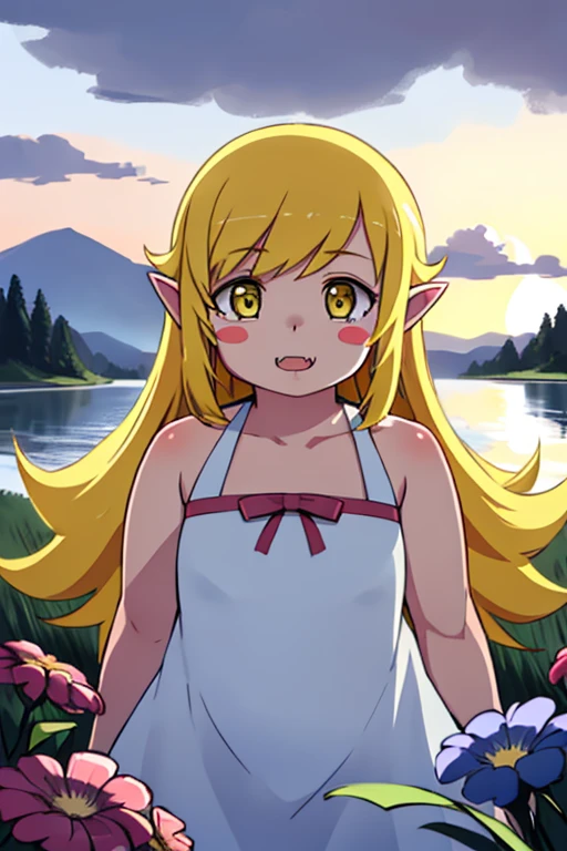 obese 1girl, solo, female, (oshino_shinobu),(blonde) (blonde_hair), (yellow_hair), ((long_hair)), ((bangs)), (yellow_eyes), blush, cute, innocent face, pointy_ears, (blush_stickers), flat_chest, dress, bow, bracelet, fangs, portrait global illumination, hdri, subsurface scattering, masterpiece, 4k, raytrace, beautiful, obese sharp, smooth skin, bloom, anime sunset, nature, mountains, clouds, grass, flowers, fireflies, lake