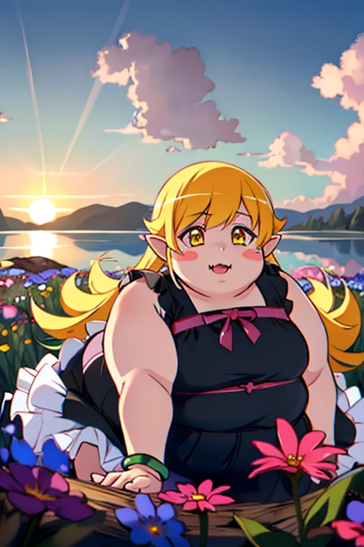 obese 1girl, solo, female, (oshino_shinobu),(blonde) (blonde_hair), (yellow_hair), ((long_hair)), ((bangs)), (yellow_eyes), blush, cute, innocent face, pointy_ears, (blush_stickers), flat_chest, dress, bow, bracelet, fangs, portrait global illumination, hdri, subsurface scattering, masterpiece, 4k, raytrace, beautiful, obese sharp, smooth skin, bloom, anime sunset, nature, mountains, clouds, grass, flowers, fireflies, lake