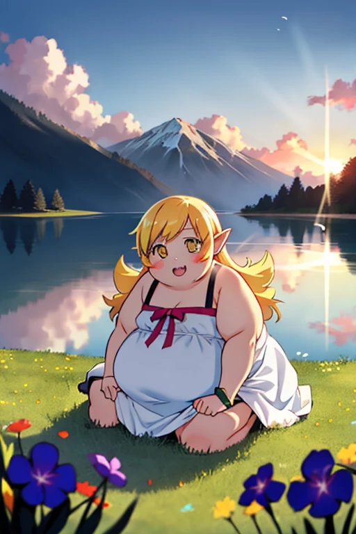 obese 1girl, solo, female, (oshino_shinobu),(blonde) (blonde_hair), (yellow_hair), ((long_hair)), ((bangs)), (yellow_eyes), blush, cute, innocent face, pointy_ears, (blush_stickers), flat_chest, dress, bow, bracelet, fangs, portrait global illumination, hdri, subsurface scattering, masterpiece, 4k, raytrace, beautiful, obese sharp, smooth skin, bloom, anime sunset, nature, mountains, clouds, grass, flowers, fireflies, lake