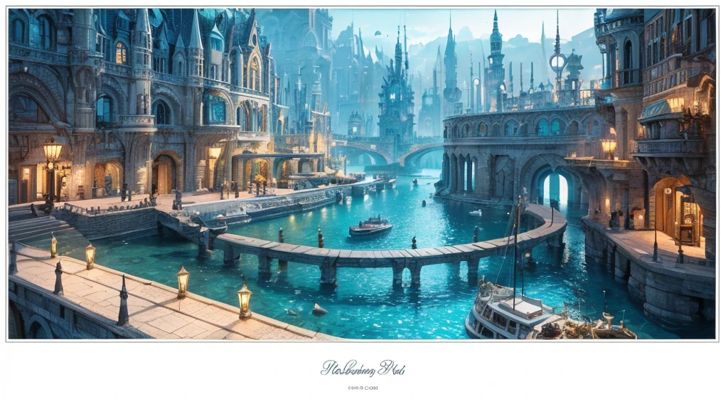 Romantic postcard of underwater city, Super artistic texture quality，(white print border，postcard，No characterest quality,4K,8K,A high resolution,tmasterpiece:1.2),ultra - detailed,Super refined，ultra intricate，grocery style