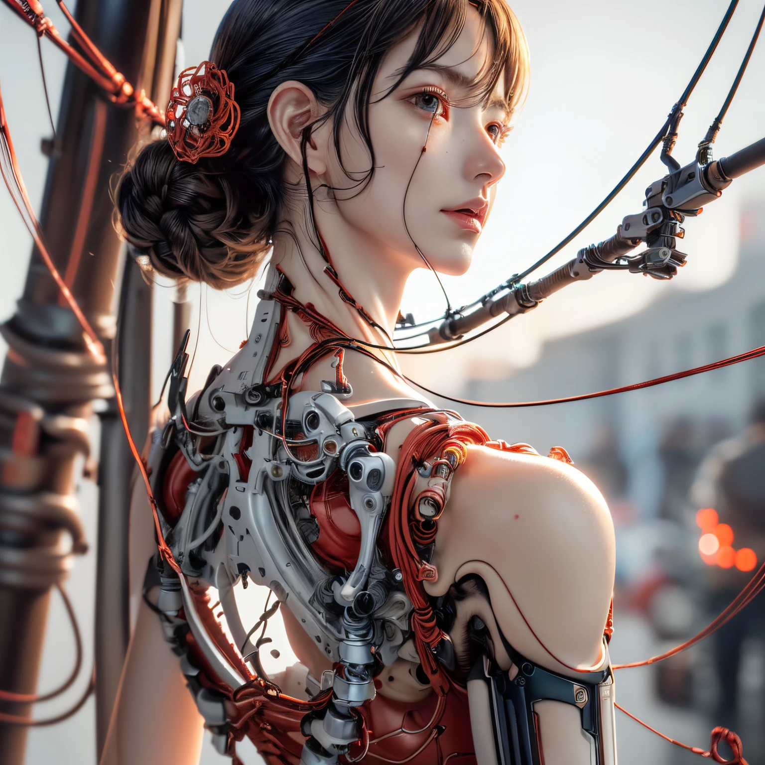 (masutepiece, of the highest quality, Best Quality, Official art, Beautiful Indulgence: 1.2), (1 girl: 1.3), Very detailed, Colorful, Supreme Detail ((ultra-detailliert)), (High Definition CG Illustration), ((from a (Very delicate and beautiful)), (Since a while ago), Cinematic Light, (1 Mechanical Girl)), Solo, Full body, (Mechanical joints: 1.2), ((Mechanical rim blood vessels connected to canals Mechanical vertebrae attached to the back), ((Mechanical cervical vertebrae attached to neck)), (Sitting), deadpan, (Wires and cables attached to the neck: 1.2), (Wires and cables attached to the neck: 1.2), (Character Focus), Science fiction, White background, (Blood: 1.5)It features a simple