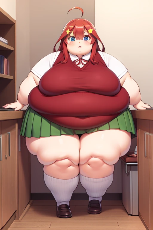 obese itsukinakano, obese itsuki nakano, bangs, blue eyes, hair between eyes, ahoge, red hair, star \(symbol\), hair ornament, star hair ornament, obese body, fat belly, fat arms, big cheeks, cute face, fat butt, thick thighs
BREAK skirt, shirt, school uniform, collarbone, panties, white shirt, short sleeves, pleated skirt, socks, collared shirt, miniskirt, kneehighs, white socks, green skirt, sweater vest, red sweater vest,
BREAK indoors, school, gym,
BREAK (masterpiece:1.2), best quality, high resolution, unity 8k wallpaper, (illustration:0.8), (beautiful detailed eyes:1.6), extremely detailed face, perfect lighting, extremely detailed CG, (perfect hands, perfect anatomy),