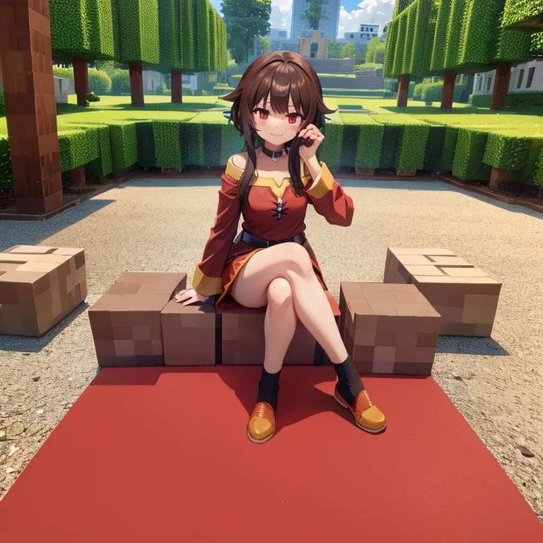 Megumin, the pose, sit on a Minecraft dynamite block, TNT, legs crossed, ssmile