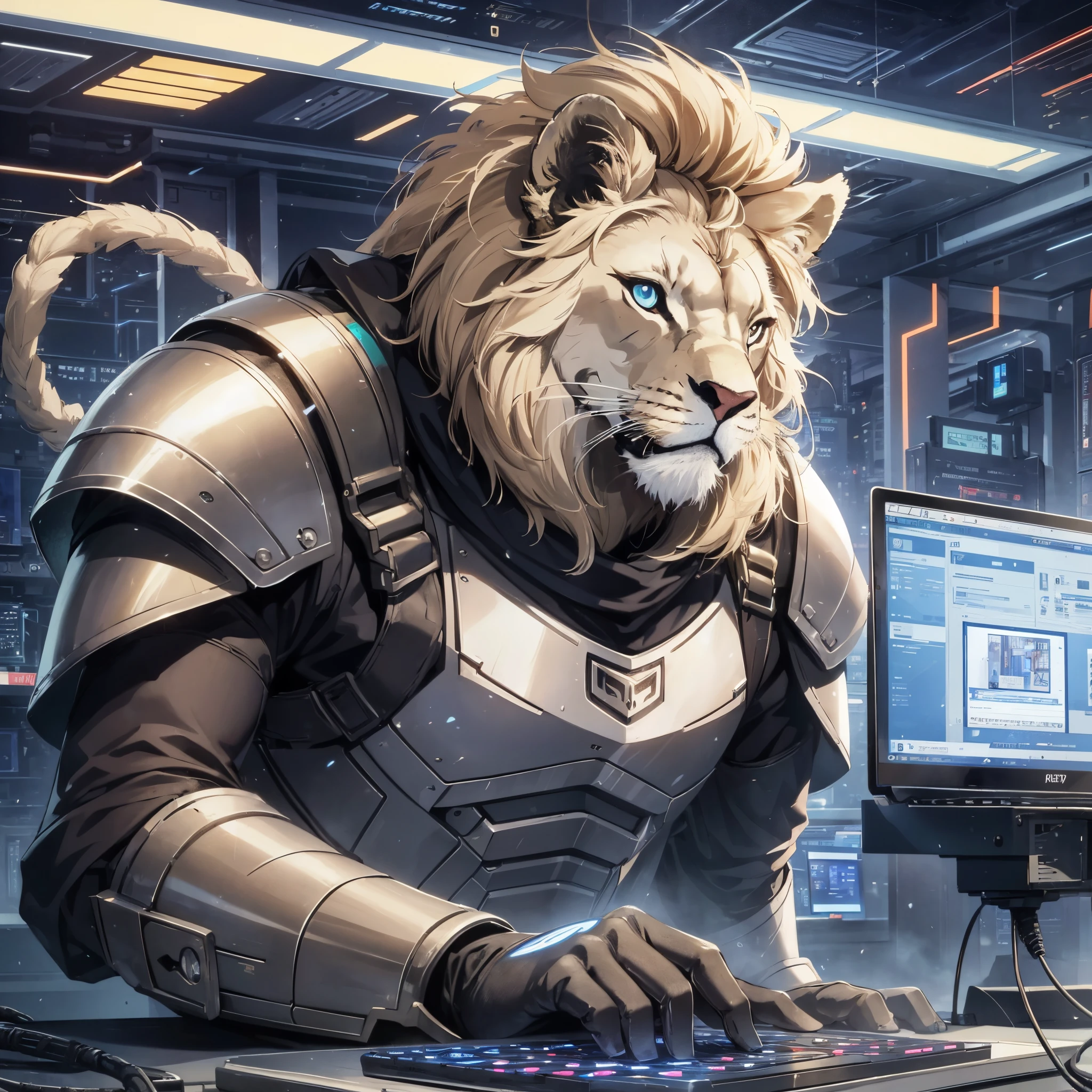 giant lion, military armor,  data center technology, using laptop, connect with network cable, motherboard circuit chip, blue light --auto --s2