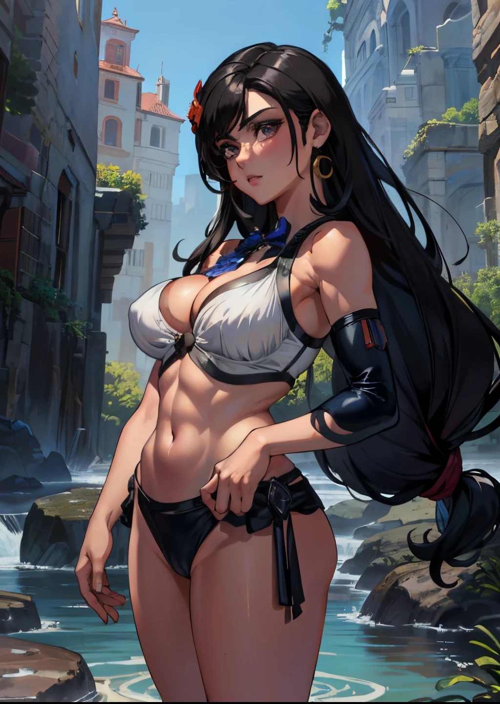 obra maestra incomparable, ultra realista 8k CG, arte perfecto, (1girl: 1.1), solo, ((figura femenina perfecta)), (nsfw), mirando al espectador, mujer madura, bimbo (androide 18) de pie, (burla), mejor calidad: 1.1, postura seductora, pose sexy, seductor, (hermoso), (curvilíneo), (grueso), (ojos azules: 1.2), cabello corto, pendientes, joyas, chaleco de mezclilla, chaleco abierto, pantimedias negras, camisa negra, falda de mezclilla, mangas largas a rayas, falda azul, piernas tonificadas, en forma, (abs: 1.1), (trasero grande: 1.4), peach ass, (atletic body: 1.2), (pechos grandes: 1.3, (big_breasts: 1.1), wide_hips: 1.5, cintura estrecha, small waist: 1.5, cuerpo delgado: 1.2, muslos gruesos: 1.3), (piel brillante: 1.2), (hdr), (calle: 1.2), Nikon D850 Stock Photography Kodak Portra 400 F1 Lens.6, colores ricos, textura realista, dramatic illumination, motor irreal, tendencia en ArtStation, por Gerald Brom, por Frank Frazetta, por Luis Royo, por Julie Bell, por Boris Vallejo