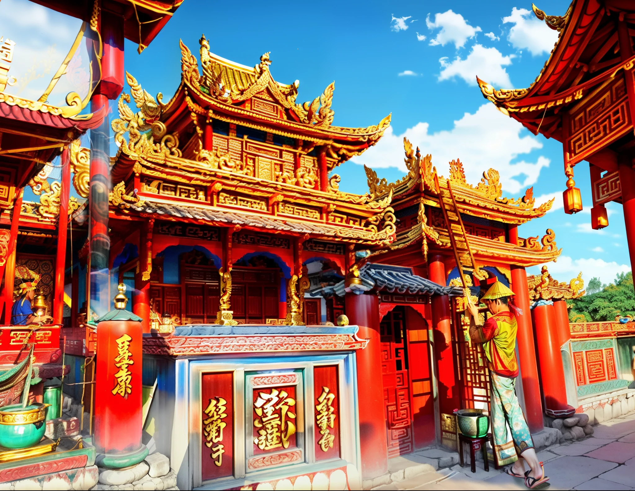 there is a man on a ladder working on a building, vietnamese temple scene, frontview, a temple, very ornamented, with a chinese temple, chinese temple, front side, front view, photo taken in 2 0 2 0, very ornate, temple, buddhist temple, taken in 2 0 2 0, front-view, intricately detailed buildings