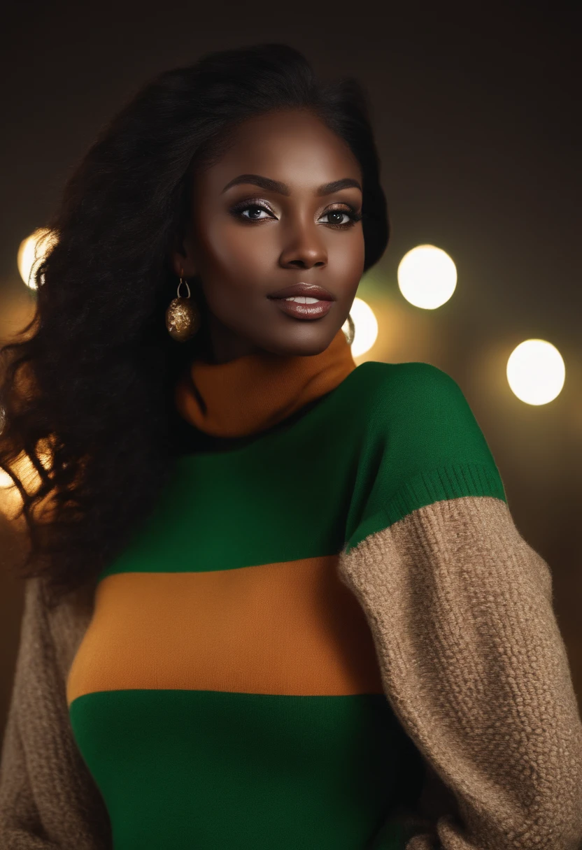((Very Dark African skin)), ((Very deep ebony skin)), ((Its beauty undeniable)), ((Excited cute face)), ((Hyper detailed perfect eyeraided African hair)), ((attitude playful)), ((Seductive)), ((sexy)), ((skin)), ((Green Turtleneck Sweater)), ((Skinny Jeans)), High Heels, standing in a football stadium, illustrations, ultra-detailed, high-quality (best quality, 4k, 8k, highres, masterpiece:1.2), portrait, vivid colors, warm color tones, realistic (photo-realistic:1.37), festive atmosphere, jingle bells, snowflakes, cozy winter scene, joyful expression, soft lighting, dreamy ambiance, full body picture