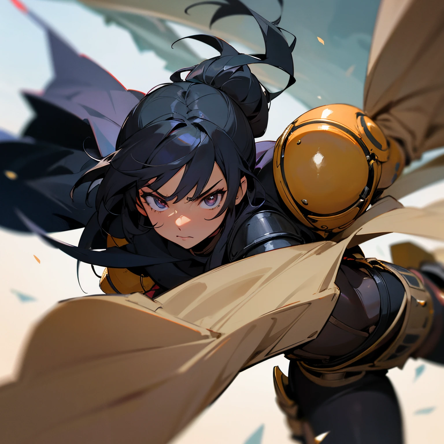 Hispanic, tan skin, anime babe, intimidating, wearing black armor, seductive, fighting the hero, falls in love with hero
