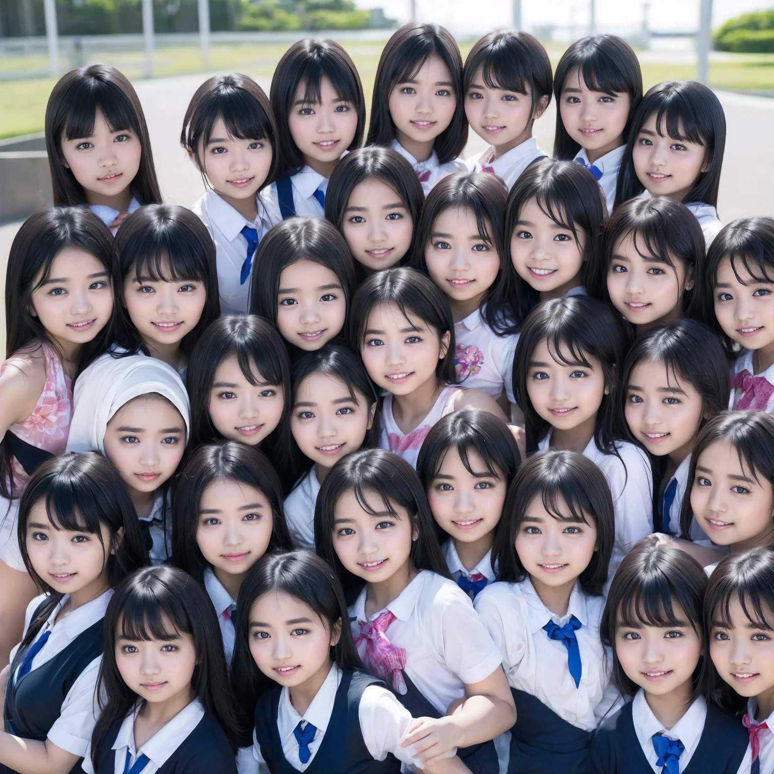 Raw photo、The same face、matching school uniform、((6 years old))、(((multiple girls))),((((6+girls)))),((((100girls)))),(((1000girls)))、Women only、Long black hair、100 cute little girls、a smile、((a baby face))、((Infant body type))、selfee、‎Classroom、(((Large group)))、elementary student