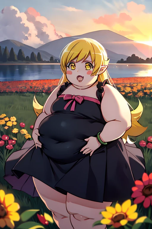 obese 1girl, solo, female, (oshino_shinobu),(blonde) (blonde_hair), (yellow_hair), ((long_hair)), ((bangs)), (yellow_eyes), blush, cute, ibig cheeks, nnocent face, pointy_ears, (blush_stickers), flat_chest, fat arms, fat belly, thick thighs, dress, bow, bracelet, fangs, portrait global illumination, hdri, subsurface scattering, masterpiece, 4k, raytrace, beautiful, obese sharp, smooth skin, bloom, anime sunset, nature, mountains, clouds, grass, flowers, fireflies, lake