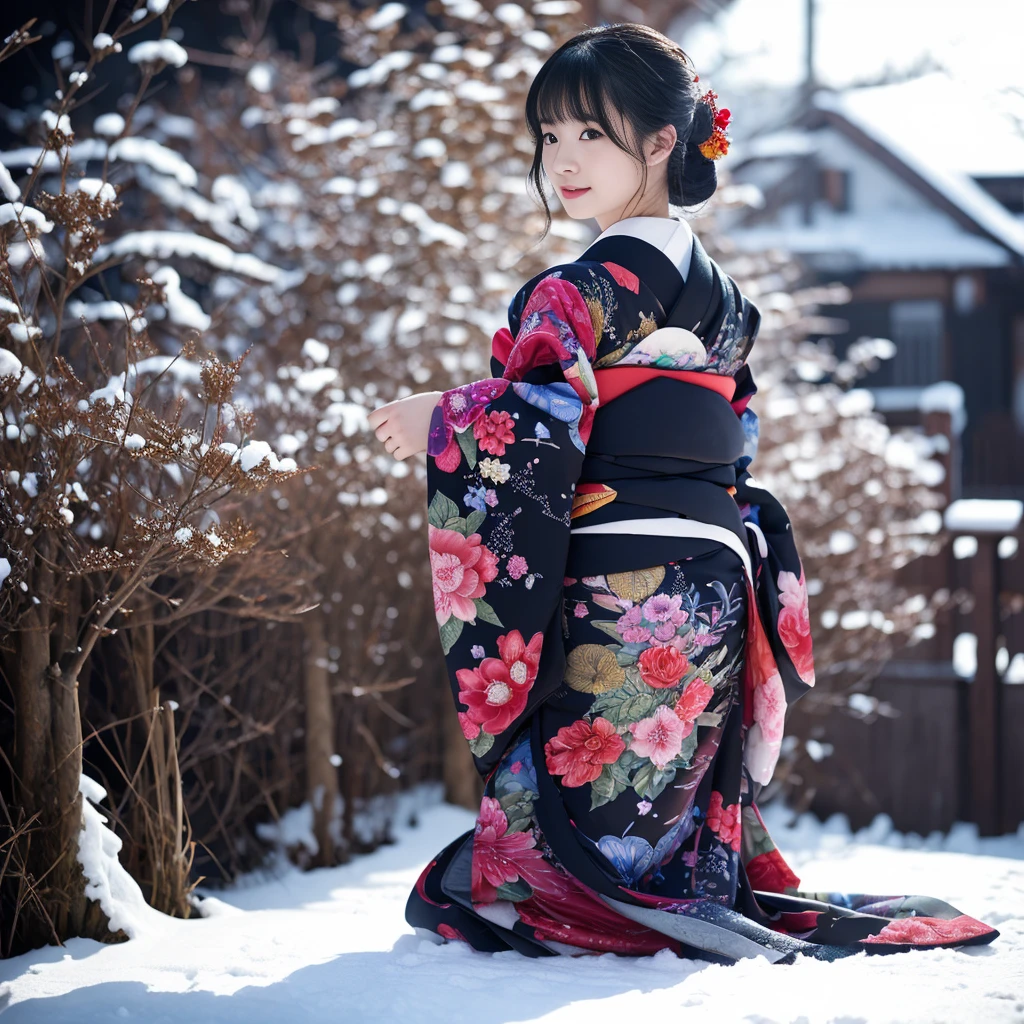 (Kimono)、(top-quality,​masterpiece:1.3,超A high resolution,),(ultra-detailliert,Caustics),(Photorealsitic:1.4,RAW shooting,)Ultra-realistic capture,A highly detailed,high-definition16Kfor human skin、 Natural skin texture、The skin looks healthy with an even tone、 Use natural light and color,One Woman,japanes,kawaii,A dark-haired,Very big big、Middle hair,(depth of fields、chromatic abberation、、Wide range of lighting、Natural Shading、)、hot onsen、(Falling snow:1.2)、(Hair swaying in the wind:1.2)、(Snow reflects light:1.1)、I can see your butt through the exposed kimono.（red garter belt）、Panty shot from behind showing crotch while crawling on all fours