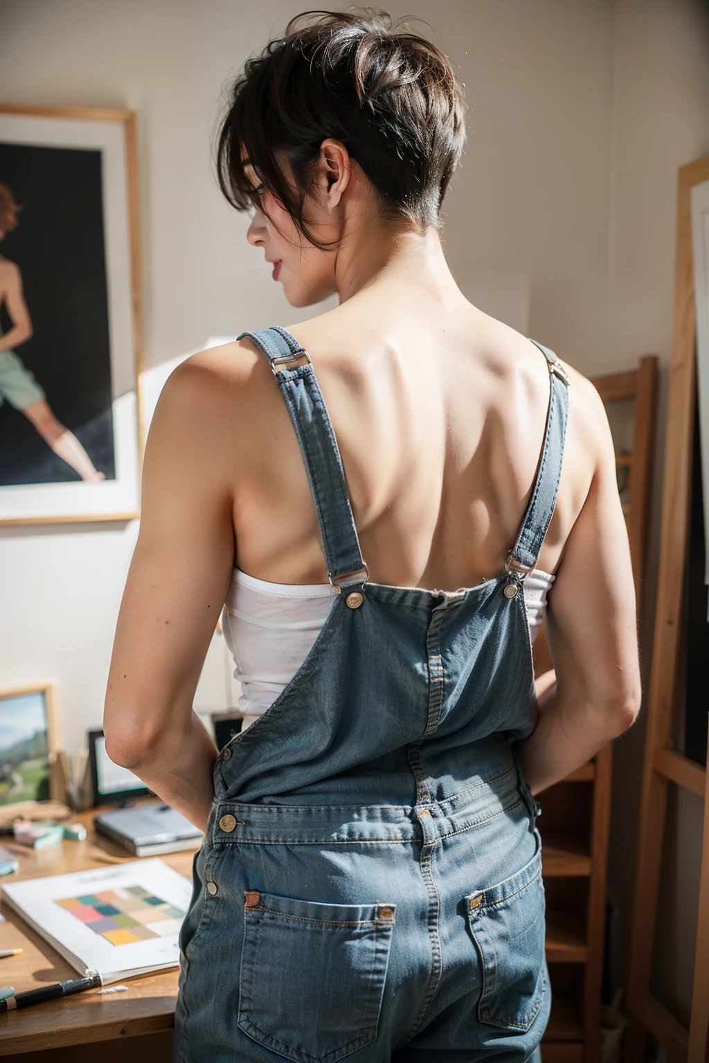 ((best quality)), (detailed), a young male artist working in his art studio, a view of his back, wear overalls