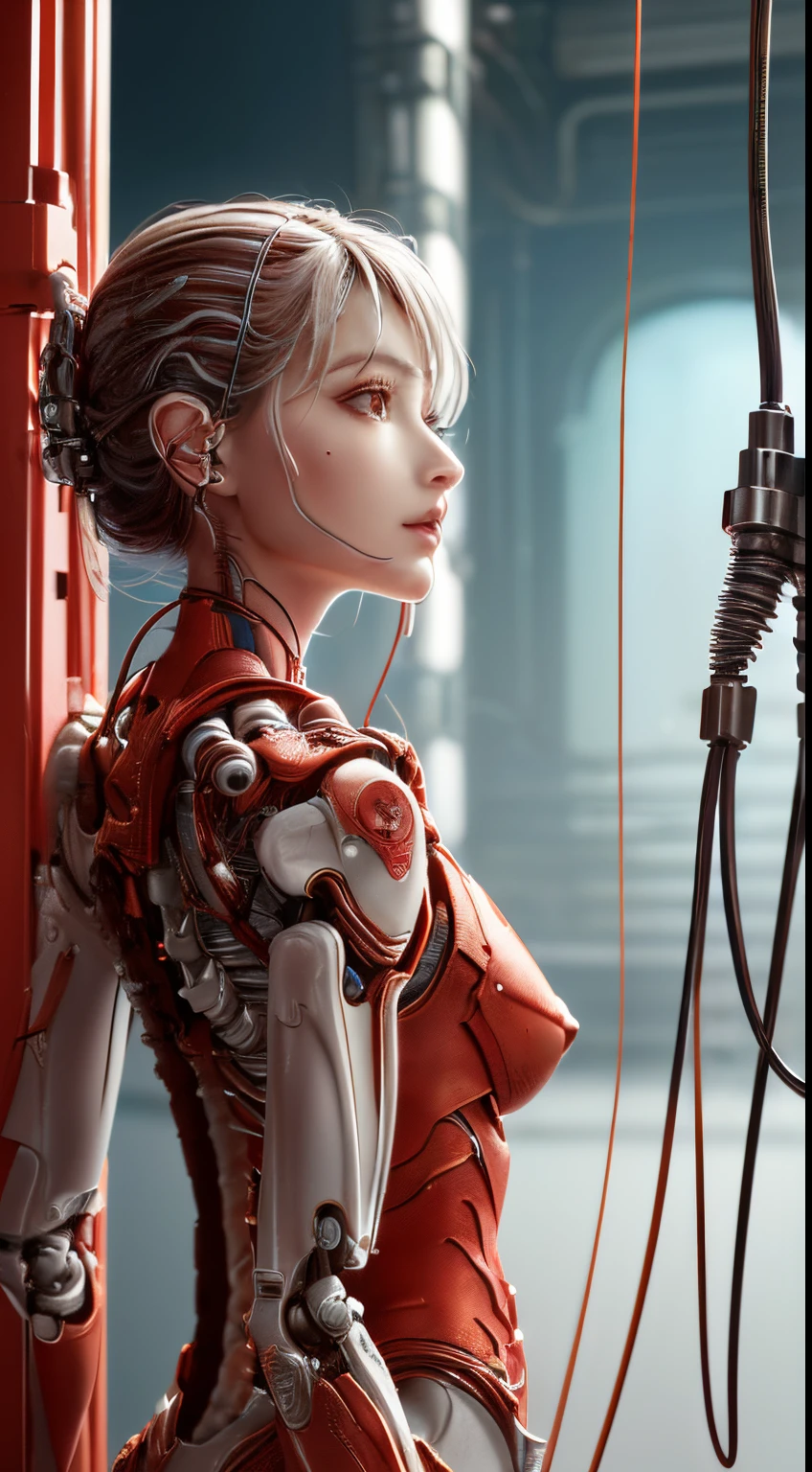 blanche、simple、(masutepiece, of the highest quality, Best Quality, Official art, Beautiful Indulgence: 1.2), (1 girl: 1.3), Very detailed, Colorful, Supreme Detail ((ultra-detailliert)), (High Definition CG Illustration), ((from a (Very delicate and beautiful)), (Since a while ago), Cinematic Light, (1 Mechanical Girl)), Solo, Full body, (Mechanical joints: 1.2), ((Mechanical rim blood vessels connected to canals Mechanical vertebrae attached to the back), ((Mechanical cervical vertebrae attached to neck)), (Sitting), deadpan, (Wires and cables attached to the neck: 1.2), (Wires and cables attached to the neck: 1.2), (Character Focus), Science fiction, White background, (Blood: 1.5)