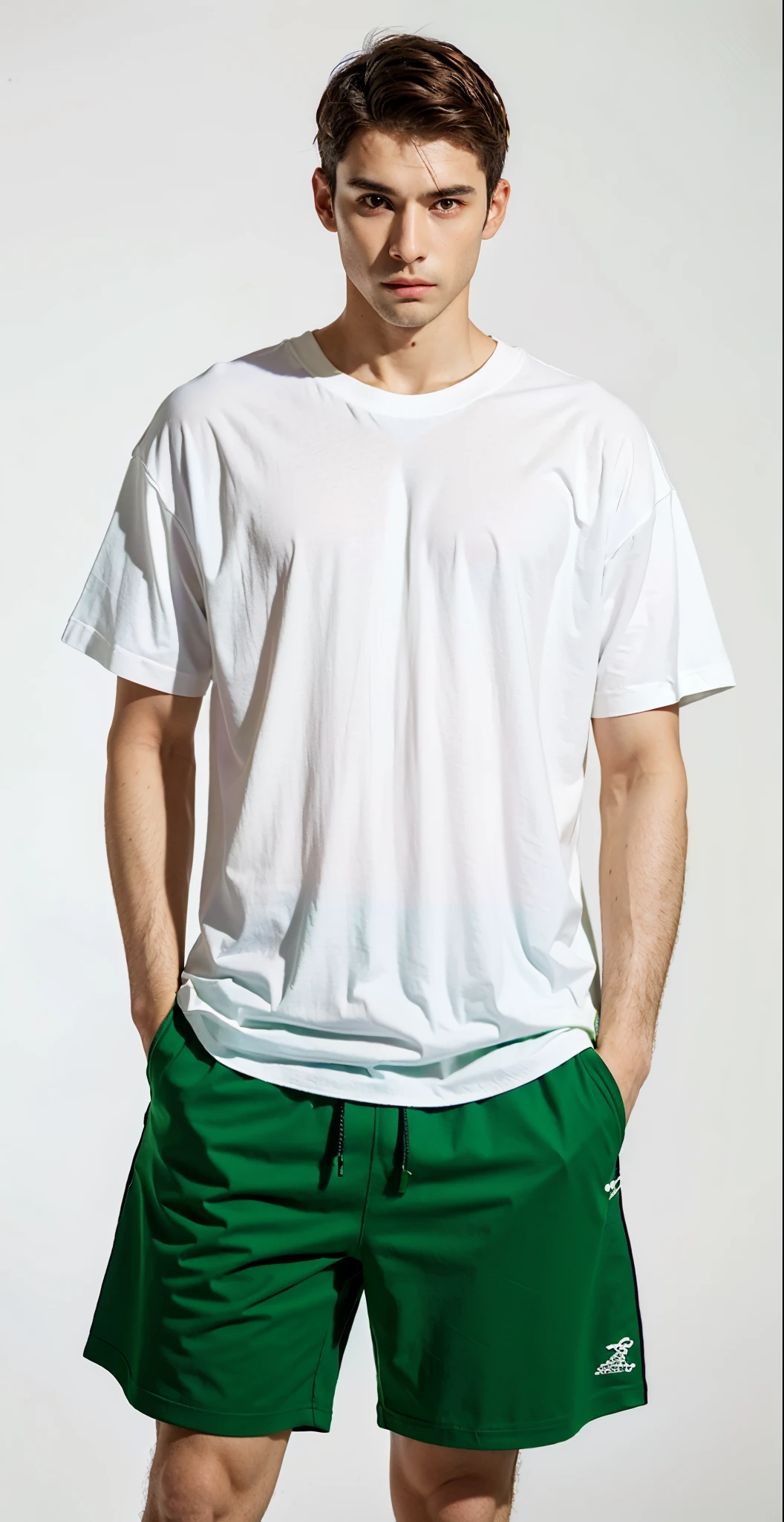 um (((homem))) de camisa branca e shorts verdes fica na frente de um fundo branco, camiseta branca, tshirt branca lisa, camiseta branca, T-shirt branca, Homem de Branco T - Camisa, vestido com uma camiseta branca, vestido com uma camiseta branca, casual white garment, vestindo bermuda e camiseta, vestindo camisa branca, vestindo uma camiseta, adicionar a foto um fundo de floresta, the man is in a forest
