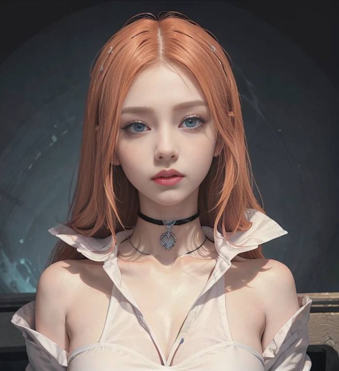 Long orange hair,Nice face,choker necklace,Heterochromatic pupil,Gini Coefficient,fully body photo,Big-breasted girl,cardigan shirt