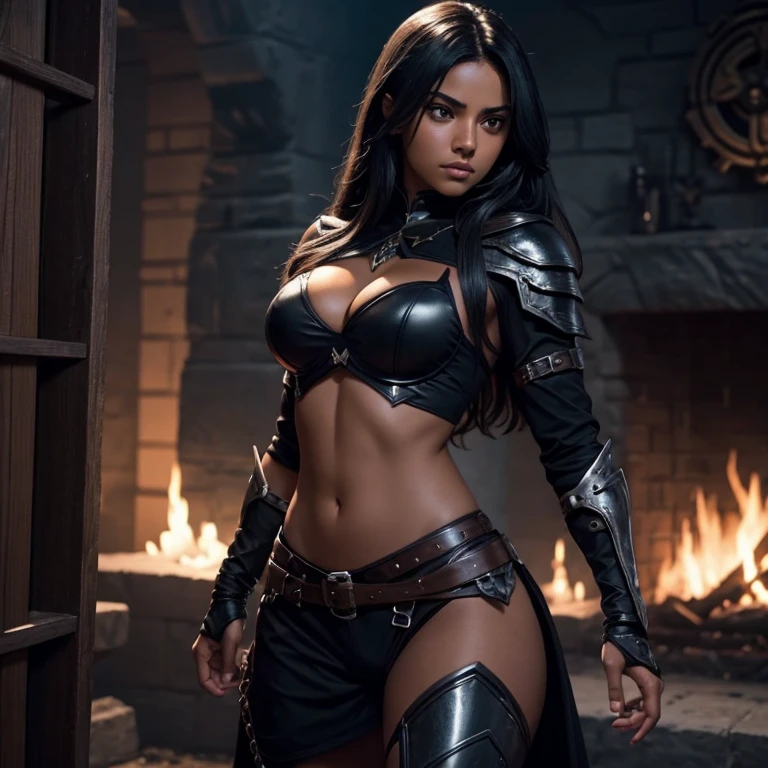 Hispanic, dark tan skin, witch, anime babe, intimidating, wearing black armor, seductive, fighting the hero, falls in love with hero, slutty