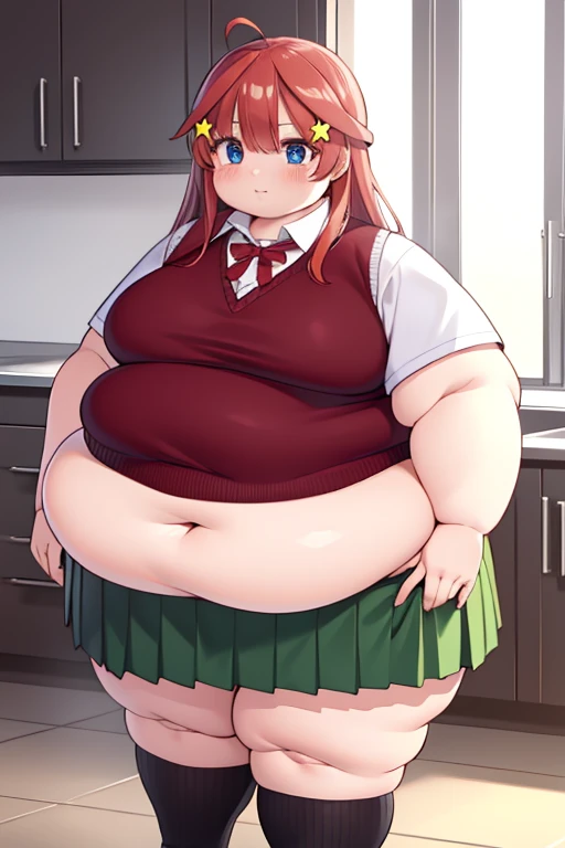 obese itsukinakano, obese itsuki nakano, bangs, blue eyes, hair between eyes, ahoge, red hair, star \(symbol\), hair ornament, star hair ornament, obese body, fat belly, fat arms, big cheeks, cute face, fat butt, thick thighs
BREAK skirt, shirt, school uniform, collarbone, , white shirt, short sleeves, pleated skirt, socks, collared shirt, , kneehighs, white socks, green skirt, sweater vest, red sweater vest,
BREAK indoors, school, kitchen class, much food
BREAK (masterpiece:1.2), best quality, high resolution, unity 8k wallpaper, (illustration:0.8), (beautiful detailed eyes:1.6), extremely detailed face, perfect lighting, extremely detailed CG, (perfect hands, perfect ),