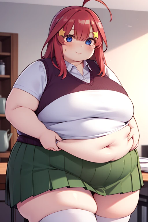 obese itsukinakano, obese itsuki nakano, bangs, blue eyes, hair between eyes, ahoge, red hair, star \(symbol\), hair ornament, star hair ornament, obese body, fat belly, fat arms, big cheeks, cute face, fat butt, thick thighs
BREAK skirt, shirt, school uniform, collarbone, panties, white shirt, short sleeves, pleated skirt, socks, collared shirt, miniskirt, kneehighs, white socks, green skirt, sweater vest, red sweater vest,
BREAK indoors, school, kitchen class, much food
BREAK (masterpiece:1.2), best quality, high resolution, unity 8k wallpaper, (illustration:0.8), (beautiful detailed eyes:1.6), extremely detailed face, perfect lighting, extremely detailed CG, (perfect hands, perfect anatomy),