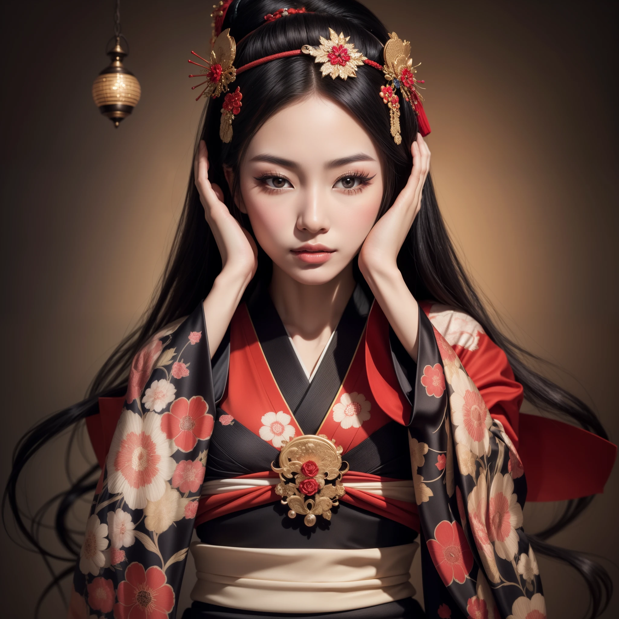 a beautiful geisha, with black hair, wearing beautiful decorations in her hair, with full lips, silky skin, beautiful eyes, wearing a black kimono, beautiful hyperrealistic portrait of a geisha, beautiful photorealistic art of a geisha, exquisite art of intricate details.