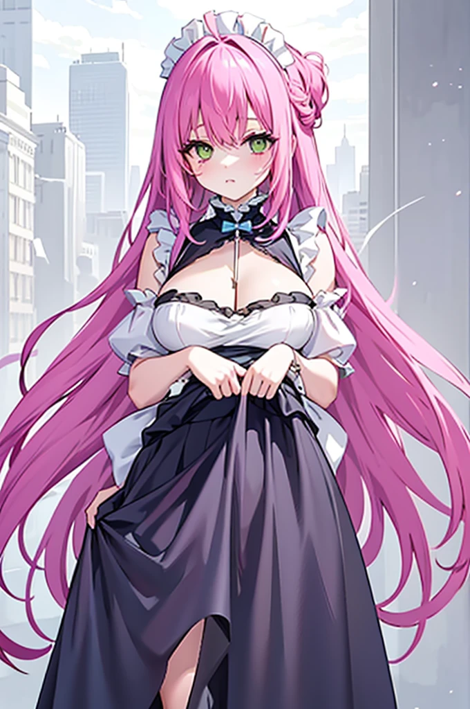 , with an open crotch, 1 plump girl, middling, own, how to, pink hair color hair, Pink Long Hair, Very long hair, inner strength, humongous large breast, Black dress, Shown in , maid headdress, ((peeping at the viewer, Decorative style, Green-eyed, face flushed, skirt lift, Take a step back, How to drip, catss, lie, frilly suffocation,Lower bust, Lop, hair between eye, After decision     ,  Background with, maid, , white backgrounid, pleatedskirt, Minkitz,  Clothes lift, through bangs, Self-elevating, cropped shoulders, Split sleeves, armlets, ahoge, french braid