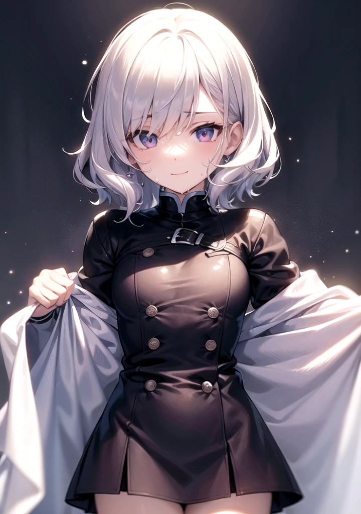 ((((tmasterpiece, Best quality, A high resolution)))), 1 sister, White hair, a purple eye, Short hair and wavy hair, average, The face  red, light  smile, avas, Glow, upper legs, shoulder, 鎖骨, Willow waist, split, (beautiful  detailed face, beautidful eyes), hot springs, Upper body, Wet with, Wet towel