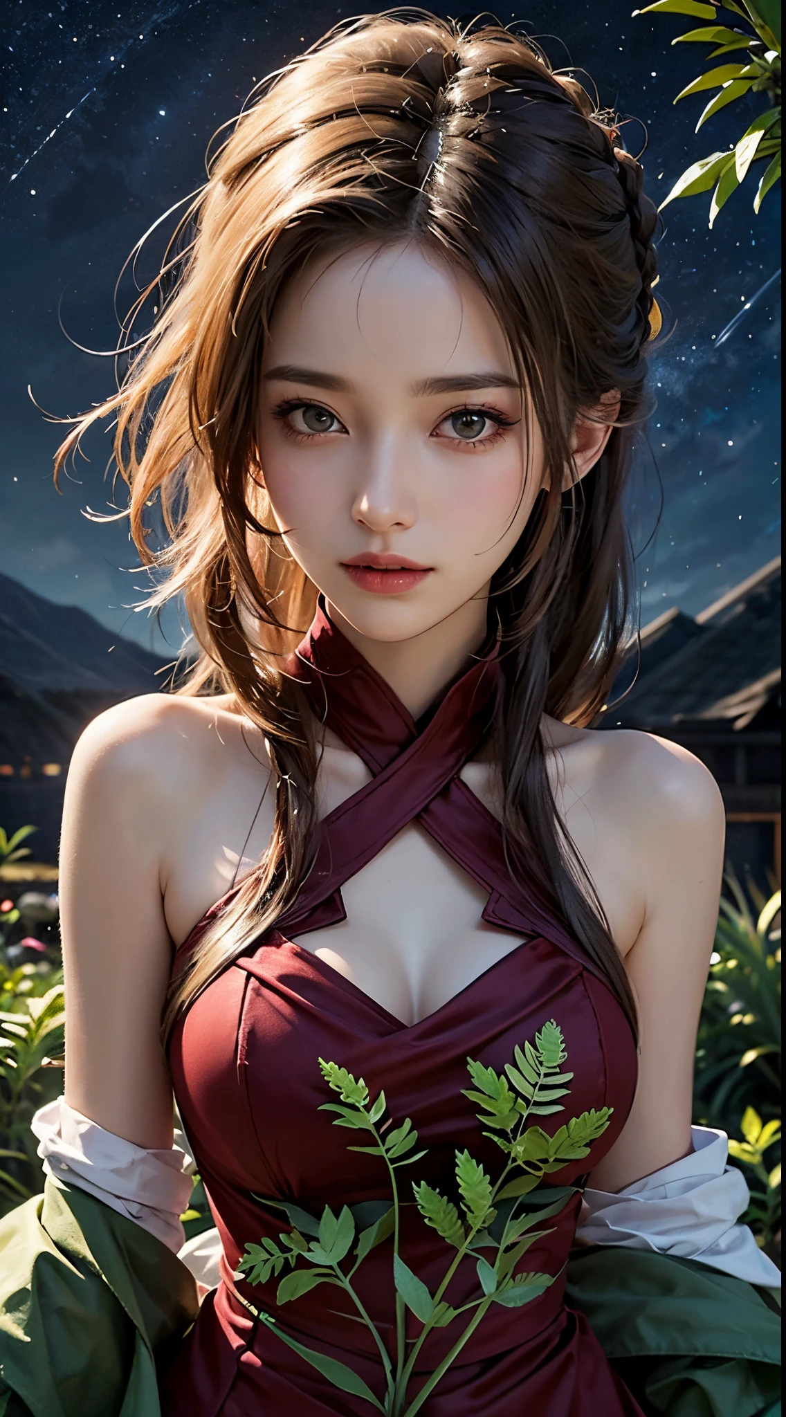 trends in the art station, trends on CGsociety, Convoluted, high detailing, Sharp Focus, Dramatic, Starry night sky, Final Fantasy 7 Aerith costume, 25 years old, mature appearance, Realistic drawing art, sketch, masutepiece, Best Quality, Very detailed, 1womanl, A half body, Head to bust image scope, up close shot, Beautiful red dress, Standing position, Beautiful meticulous eyes, Cute face, Bust, Big Bossom, Beautiful meticulous face, White hair, (Plant illustration: 1.5), Bigger breasts