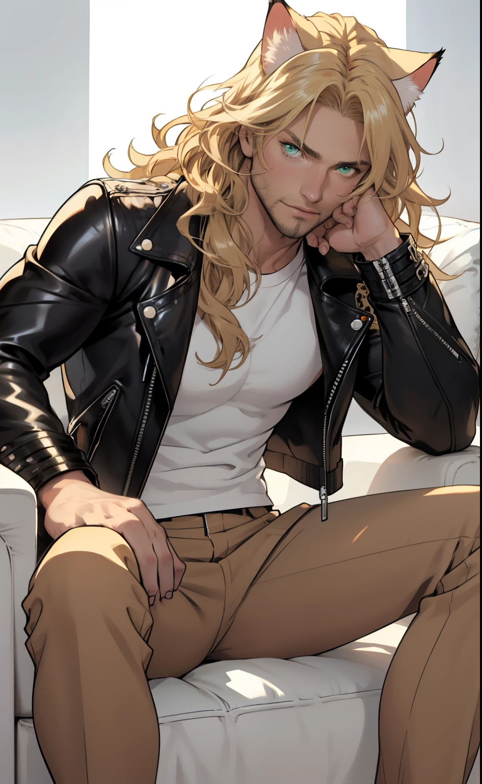 leather jacket, one male, cat ears, long hair, blond, blond hair, green eyes, tall, muscular, white shirt, beautiful face, highest quality, masterpiece, 2d, anime, perfect face, highest detail, feline eyes, stubble, cat tail, wavy hair, far shot, detailed face, intricate details, sitting on white couch, white background