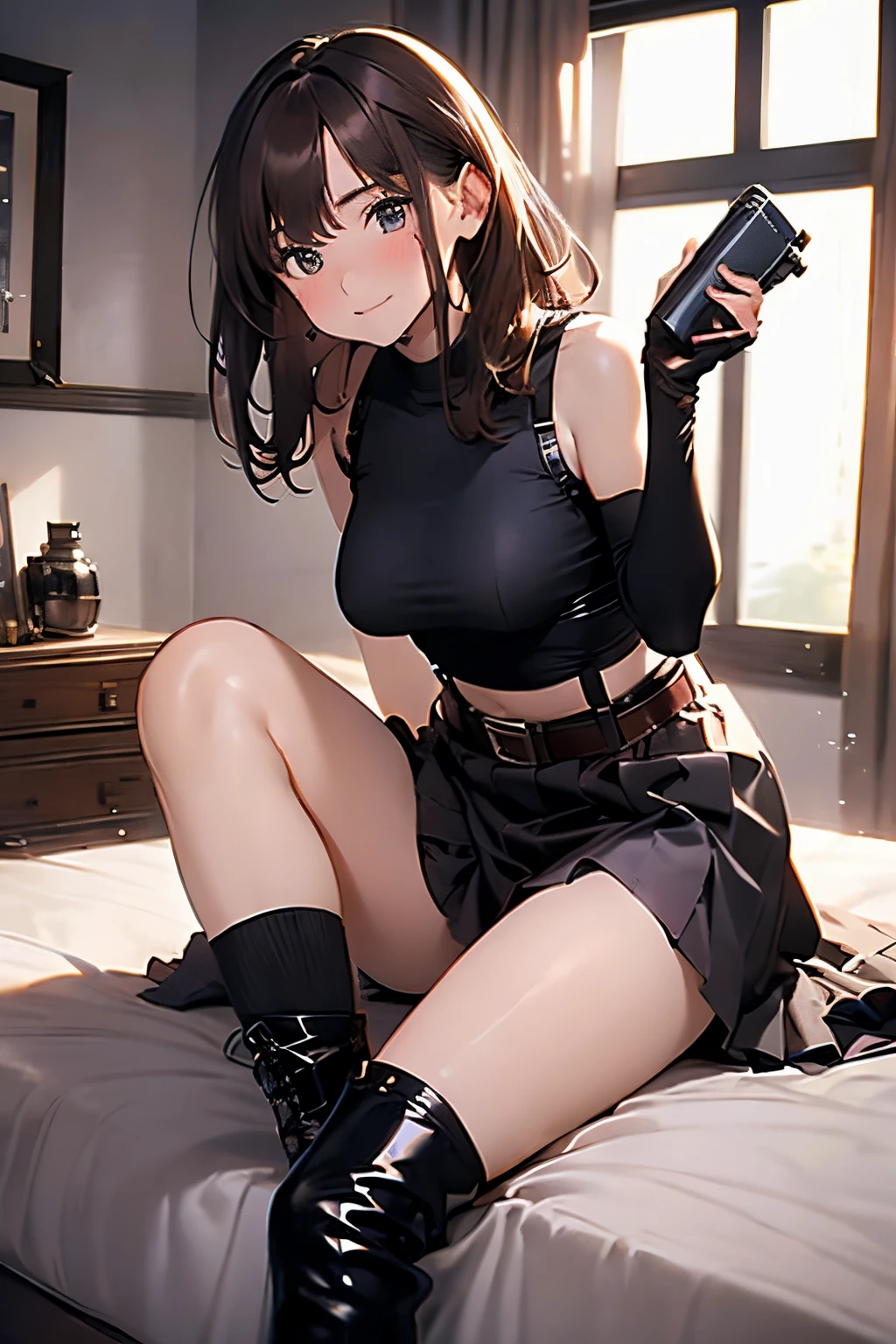 Brown hair、watching at viewers black suspenders Bulging big breasts walls: Black miniskirt garters Gaze Small face bangss holster Belt Armament Beautuful Women srestrained hands up Lying in bed Leg holster lying on the bed Gaze black boots upskirt tank top