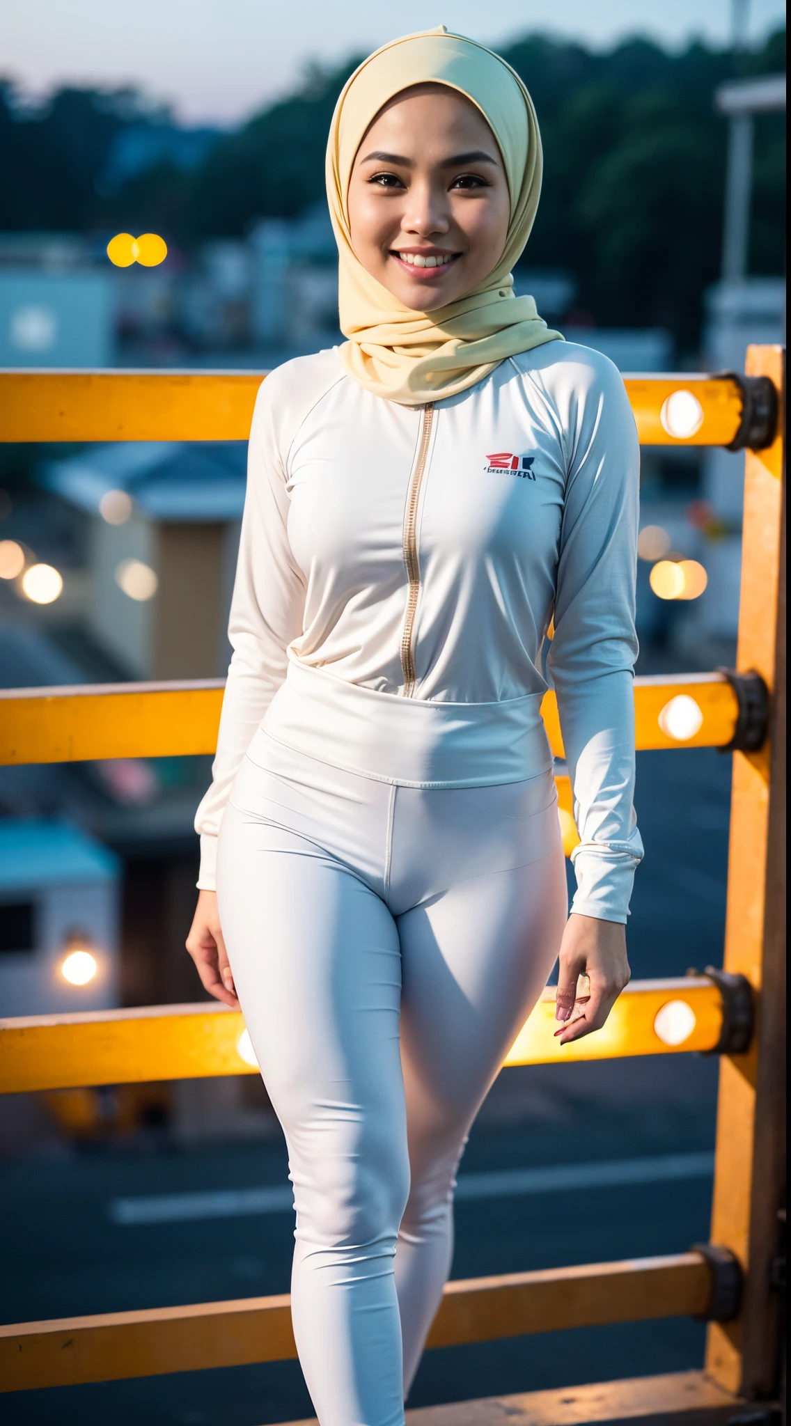 1 malay woman with plain hijab. cute smile. beautiful face. medium breast. wear a safety helmet. wear a hoodies with named "AYU" light white legging. evening view. beautiful photo 4k remastered. walking at scaffold area
