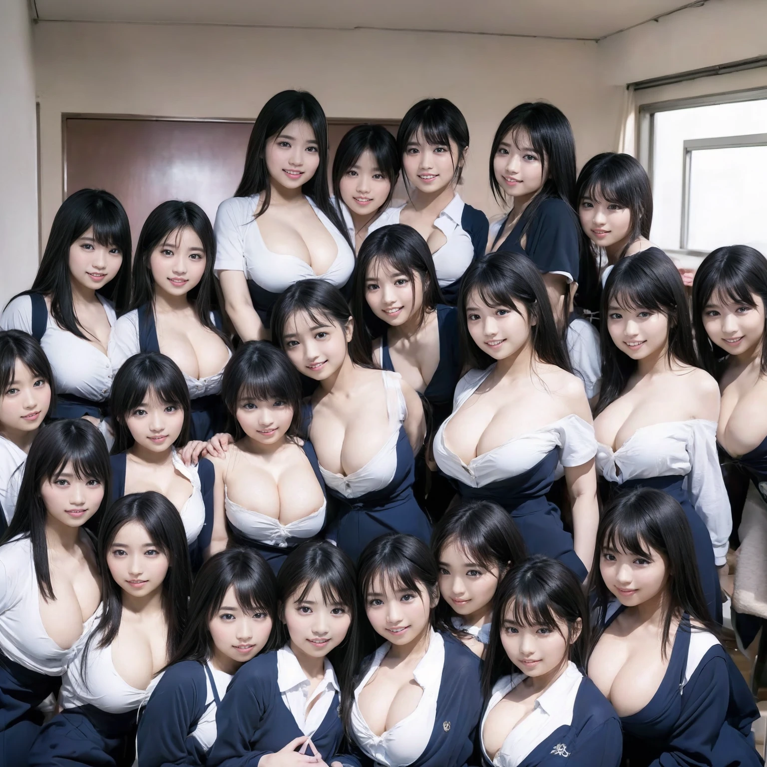 a picture、(((multiple girls))),((((6+girls))))、((10 girls))、The same face、matching school uniform、(((6 years old)))、Long black hair、10 cute girls、((((Gigantic Breasts))))、a smile、selfee、((‎Classroom))、Raw photo、same person、Doppelganger、(((Large group)))、elementary student