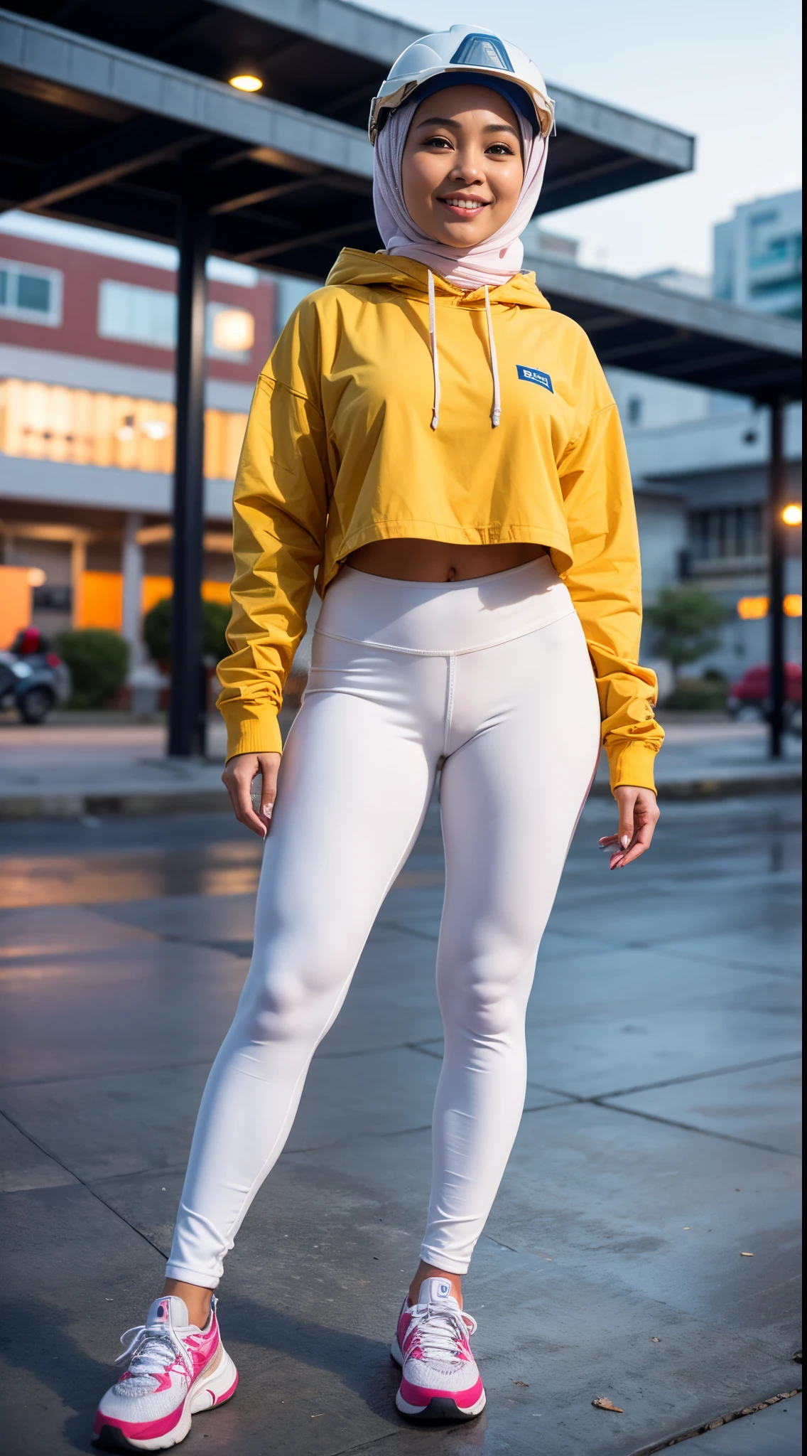 1 malay woman with plain hijab. cute smile. beautiful face. medium breast. wear a safety helmet. wear a hoodies with named "AYU"  light white legging.  evening  view. beautiful photo 4k remastered. walking at scaffold area