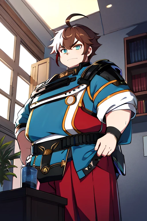 obese 1boy, obese body, intense shadows, strong rim light, masterpiece,best quality,official art,extremely detailed CG unity 8k wallpaper, game_cg, artbook, crossover, absurdres, incredibly_absurdres, huge_filesize, album, (1boy:1.4), solo, bishounen, short hair, brown hair, alternate hair color, colored inner hair, ahoge, beautiful detailed eyes