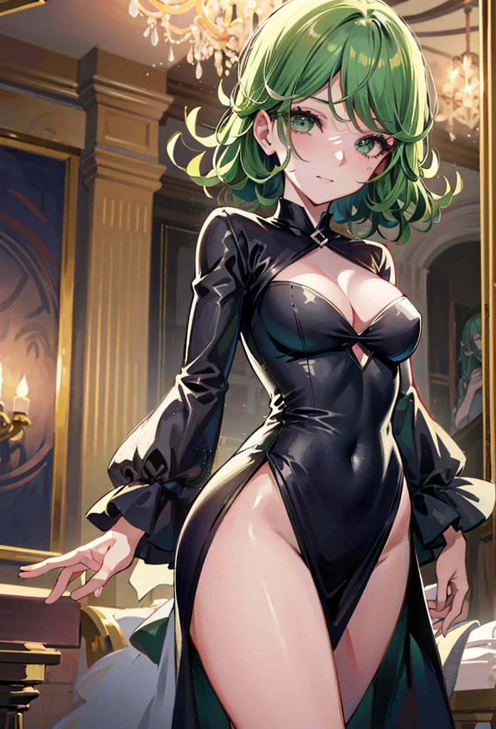 anime - style image of a woman in a black dress with green hair, tatsumaki from one punch man, tatsumaki, tatsumaki with green curly hair, extremely detailed artgerm, seductive anime girl, high detailed official artwork, highly detailed exquisite fanart, marin kitagawa fanart, trending on artstation pixiv, succubus in tight short dress (masterpiece, best quality:1.2), cowboy shot, solo, 1girl, tatsumaki, lustful smile, closed mouth, looking at the viewer, ass, wide hips, black dress, night sky, clouds, erotica