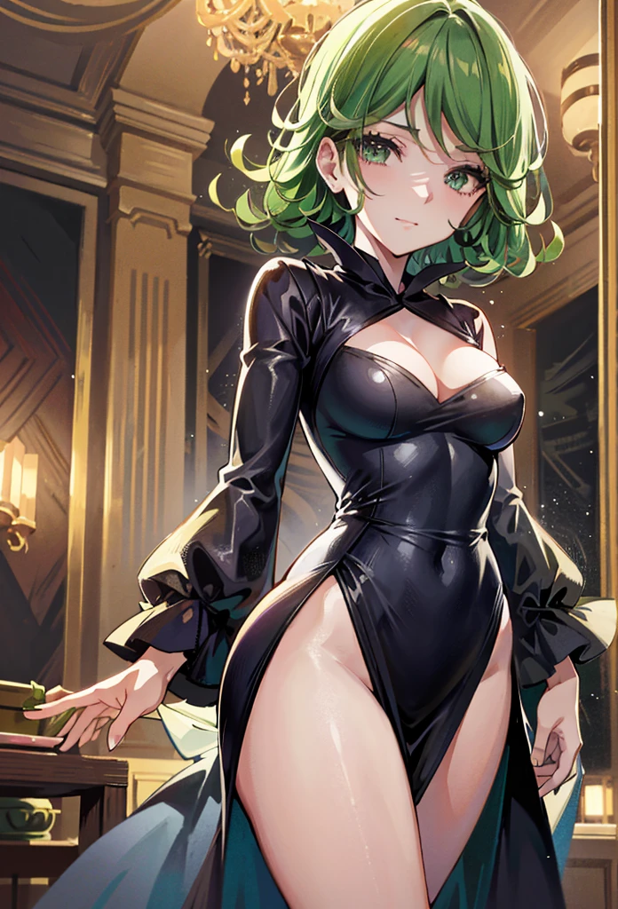 anime - style image of a woman in a black dress with green hair, tatsumaki from one punch man, tatsumaki, tatsumaki with green curly hair, extremely detailed artgerm, seductive anime girl, high detailed official artwork, highly detailed exquisite fanart, marin kitagawa fanart, trending on artstation pixiv, succubus in tight short dress (masterpiece, best quality:1.2), cowboy shot, solo, 1girl, tatsumaki, lustful smile, closed mouth, looking at the viewer, ass, wide hips, black dress, night sky, clouds, erotica