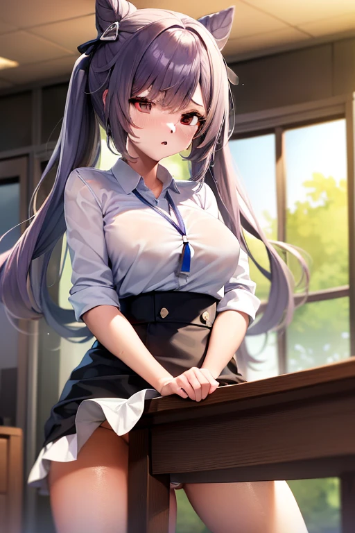 1girl, table humping, crotch rub, white shirt, pencil skirt, office, white panties, skirt lift, lanyard, table, lifting, multiple boys,suggestive fluid,, masterpiece, best quality, highly detailed