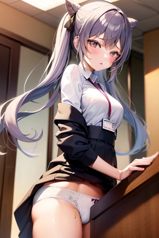 1girl, table , crotch rub, white shirt, pencil skirt, office, white , skirt lift, lanyard, table, lifting, multiple boys,suggestive fluid,, masterpiece, best quality, highly detailed