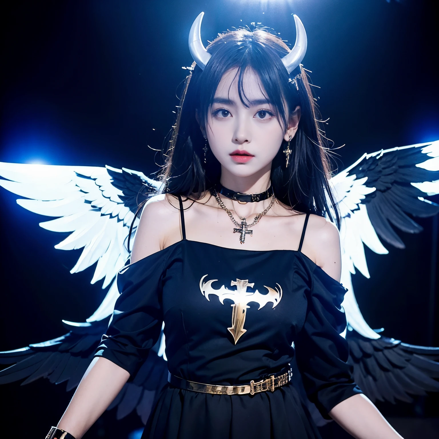 satanic necklace,choker, black suit, suit with tie, black veil, satanic earing,standing in the stage, angel, wings, White wings, holy girl, horns, lucifer